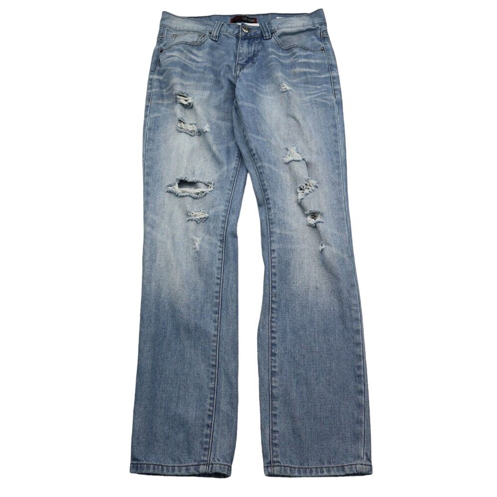 Guess Pants Mens 30 Blue Tapered Mid Rise Slim Distress Medium Wash Denim Jeans